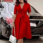 PASUXI New Elegant Office Solid Color Short Sleeve Loose Shirt Dress for African Women Stylish Summer Satin Dress Plus Size