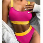 PASUXI 2025 Wholesale Women's Sporty High-Waisted U-Neck Bathing Suits Color Block Swimsuit Quick Dry Stretchy Bikini Set