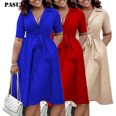 PASUXI New Elegant Office Solid Color Short Sleeve Loose Shirt Dress for African Women Stylish Summer Satin Dress Plus Size