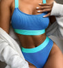 PASUXI 2025 Wholesale Women's Sporty High-Waisted U-Neck Bathing Suits Color Block Swimsuit Quick Dry Stretchy Bikini Set
