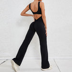 PASUXI New Women's Yoga Jumpsuit Hollow Back High Waisted Scrunch Butt Flared Leg Fitness Bodysuit Quick-Dry Seamless Yoga Suit