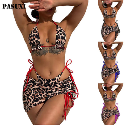 PASUXI Direct New Women's Leopard Print Bikini Solid Red Animal Design with Adjustable Ties Beachwear Swimwear