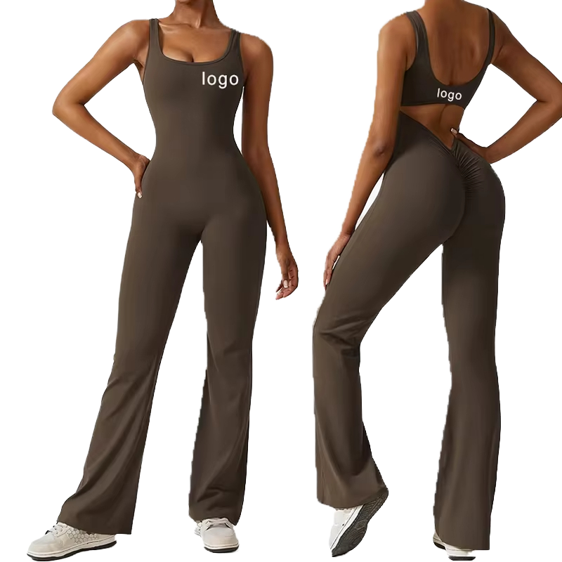 PASUXI New Women's Yoga Jumpsuit Hollow Back High Waisted Scrunch Butt Flared Leg Fitness Bodysuit Quick-Dry Seamless Yoga Suit